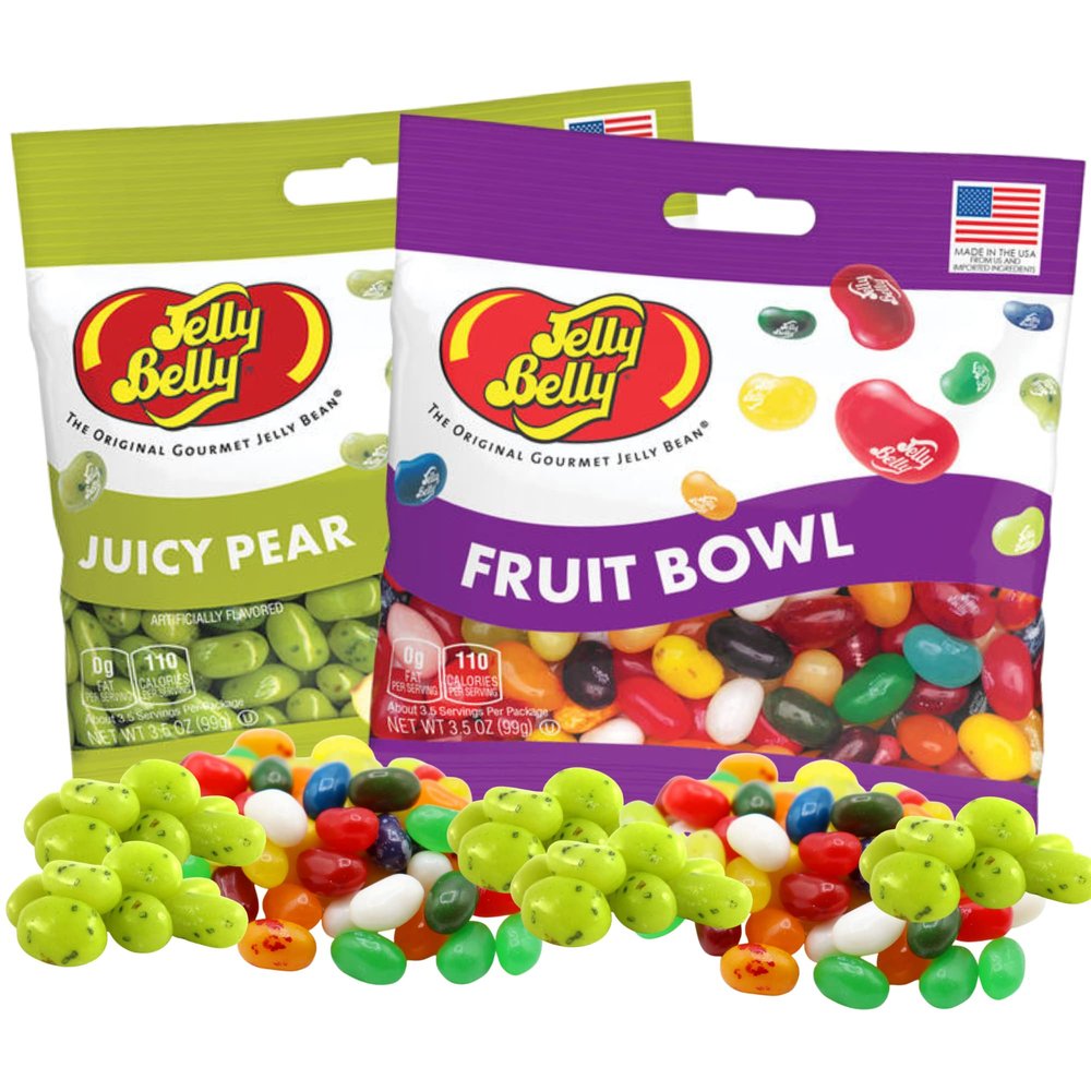 Needzo Fruit Bowl and Juicy Pear Fruity Gourmet Jelly Beans Chewy Shareable Candy Assortment, Pack of 2, 3.5 Ounces Each