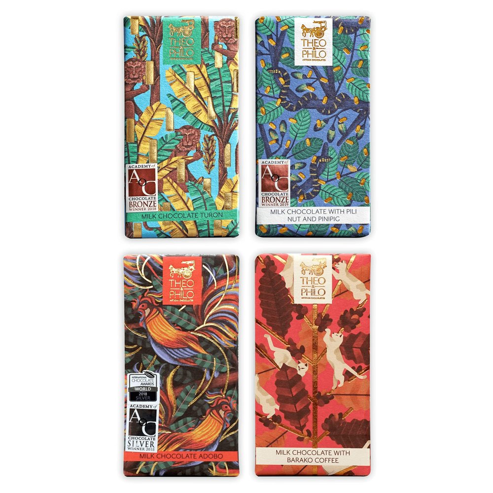 Theo & Philo Best Sellers Chocolate Bundle Milk Chocolate 4 Pack - Filipino Chocolate - Premium, Bean-to-Bar, Direct Sourced, Made at Origin, Woman Owned, BIPOC Owned, Award Winning - - Bundle