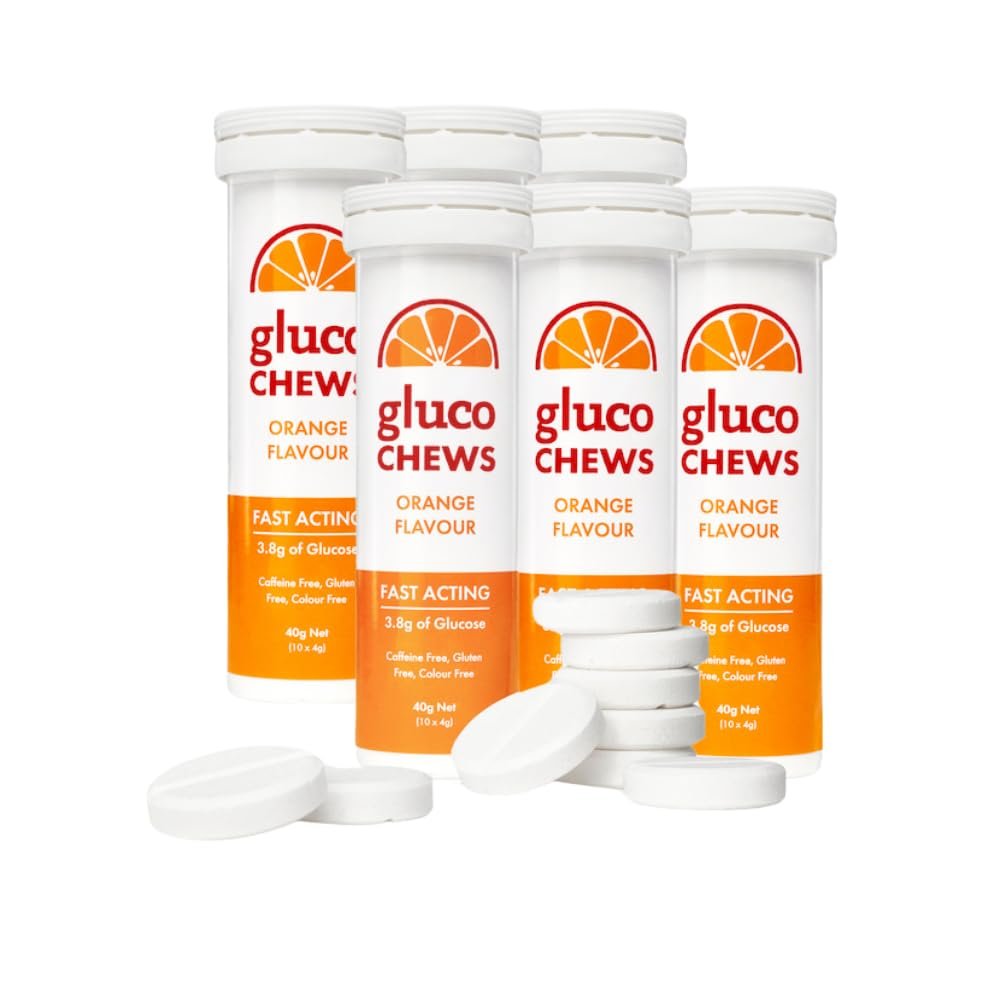 Glucochews Orange Glucose Tablets  60 Tablets (10 per Tube, 6 Pocket-Sized Tubes)  3.8g Fast-Acting Glucose Each  Boosts Energy & Blood Sugar  Gluten-Free, Fat-Free, Caffeine-Free