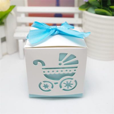 Crysdaralovebi Laser Cut Hollow Baby Carriage Cookie Gift Boxes Wedding Baby Shower Candy Treat Bag Wedding Favors Gifts Box Party Supplies (Blue,50 PCS)