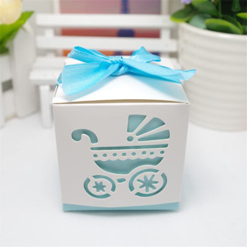 Crysdaralovebi Laser Cut Hollow Baby Carriage Cookie Gift Boxes Wedding Baby Shower Candy Treat Bag Wedding Favors Gifts Box Party Supplies (Blue,50 PCS)