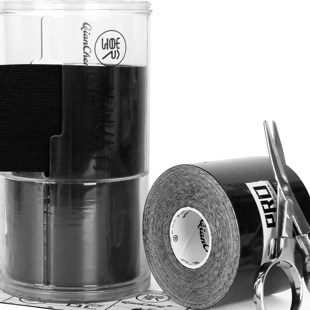 3 Pack Kinesiology Tape Pro with Portable Box for Sports Athletes - 2 inch+ 3 inch 16 FT Waterproof Athletic Tape for The Knee, Elbow and Shoulder Muscles, etc. (Black)