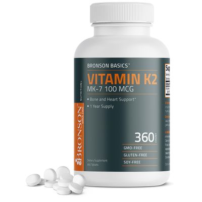 Bronson Vitamin K2 MK-7 100 MCG, K2 as MK7 Menaquinone, Bone Support 1 Year Supply, 360 Tablets