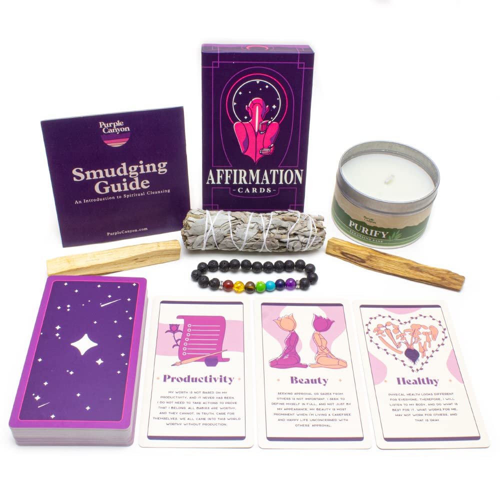 Positive Intentions Gift Set for Women and Men, Stress Relief Gift Set with Positive Affirmations Cards, California White Sage, Palo Santo, Candle and Chakra Bracelet
