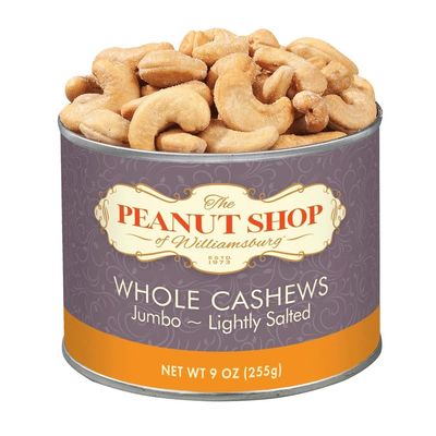The Peanut Shop of Williamsburg Lightly Salted Whole Cashews with SeaSalt, Gluten-Free Ingredients, Kosher Certified, Hand Cooked in Pure Peanut Oil - 9 Oz Tin