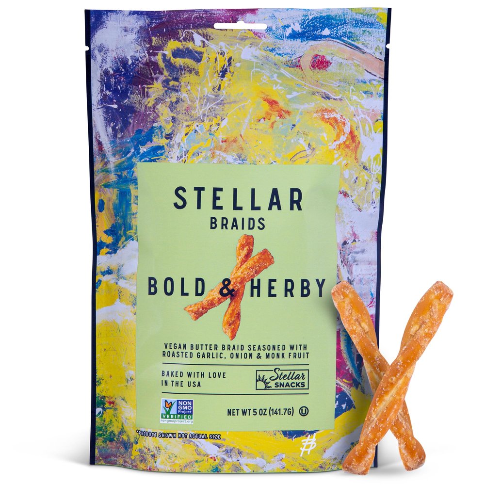 Stellar Snacks Pretzel Braids, Bold & Herby Roasted Onion & Garlic, 5 Oz (Pack of 6), Gourmet Pretzel Sticks, Vegan, Kosher, Non GMO, Peanut Free, Healthy Snack