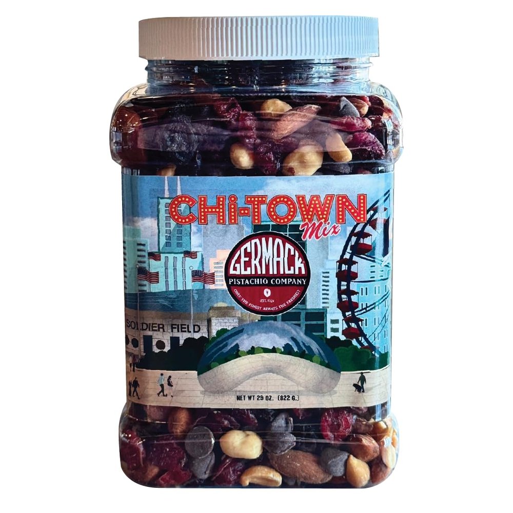 Germack Pistachio Company, Chi-Town Chicago Trail Snack Nut Mix, Dark Chocolate Chips, Raisins, Cranberries, Almonds, Peanuts, 29oz