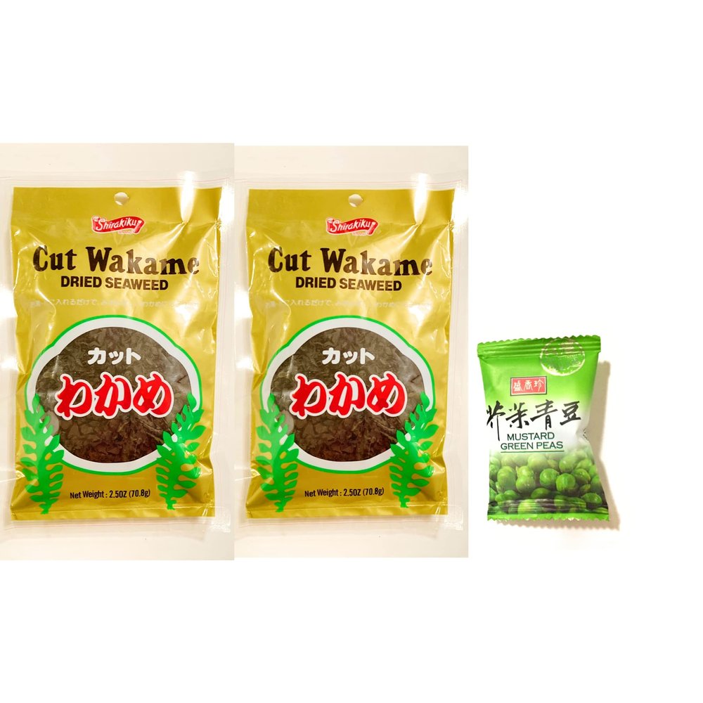Shirakiku Cut Wakame Dried Seaweed 2.5 Oz (2 Pack) And 1 Mustard Green Peas