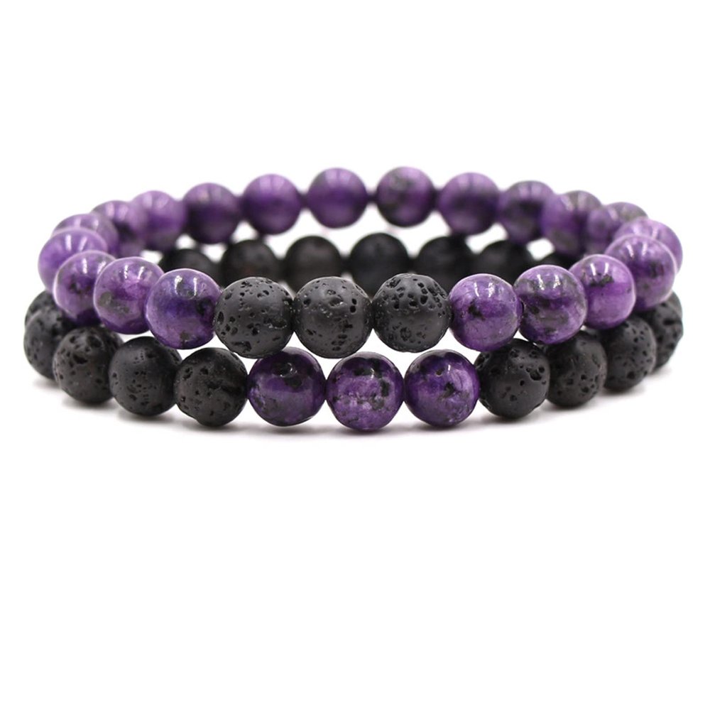 2Pcs Matte Lava Rock Volcanic Stone Beads Stretch Bracelet Stacking Essential Oil Diffuser Tiger Eye Seed Energy Yoga Bracelet for Men Women Couple Stress Relief Healing Aromatherapy Jewelry-A purple
