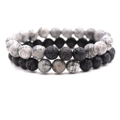 2Pcs Matte Lava Rock Volcanic Stone Beads Stretch Bracelet Stacking Essential Oil Diffuser Tiger Eye Seed Energy Yoga Bracelet for Men Women Couple Stress Relief Healing Aromatherapy Jewelry-G gray