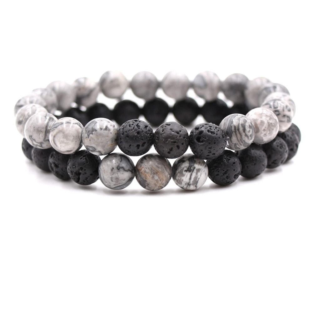 2Pcs Matte Lava Rock Volcanic Stone Beads Stretch Bracelet Stacking Essential Oil Diffuser Tiger Eye Seed Energy Yoga Bracelet for Men Women Couple Stress Relief Healing Aromatherapy Jewelry-G gray