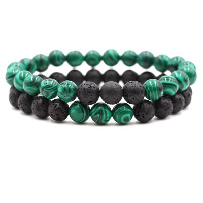 2Pcs Matte Lava Rock Volcanic Stone Beads Stretch Bracelet Stacking Essential Oil Diffuser Tiger Eye Seed Energy Yoga Bracelet for Men Women Couple Stress Relief Healing Aromatherapy Jewelry-E green
