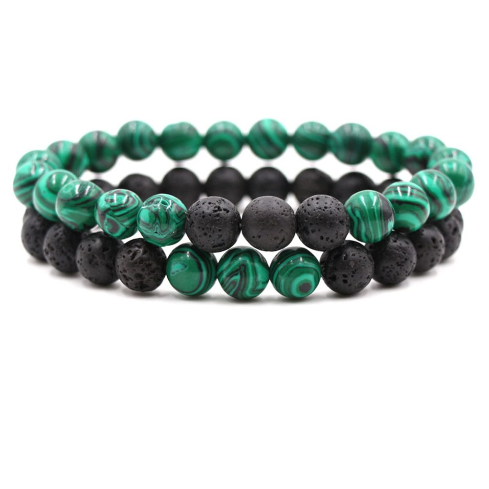 2Pcs Matte Lava Rock Volcanic Stone Beads Stretch Bracelet Stacking Essential Oil Diffuser Tiger Eye Seed Energy Yoga Bracelet for Men Women Couple Stress Relief Healing Aromatherapy Jewelry-E green