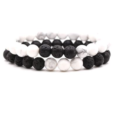 2Pcs Matte Lava Rock Volcanic Stone Beads Stretch Bracelet Stacking Essential Oil Diffuser Tiger Eye Seed Energy Yoga Bracelet for Men Women Couple Stress Relief Healing Aromatherapy Jewelry-C white