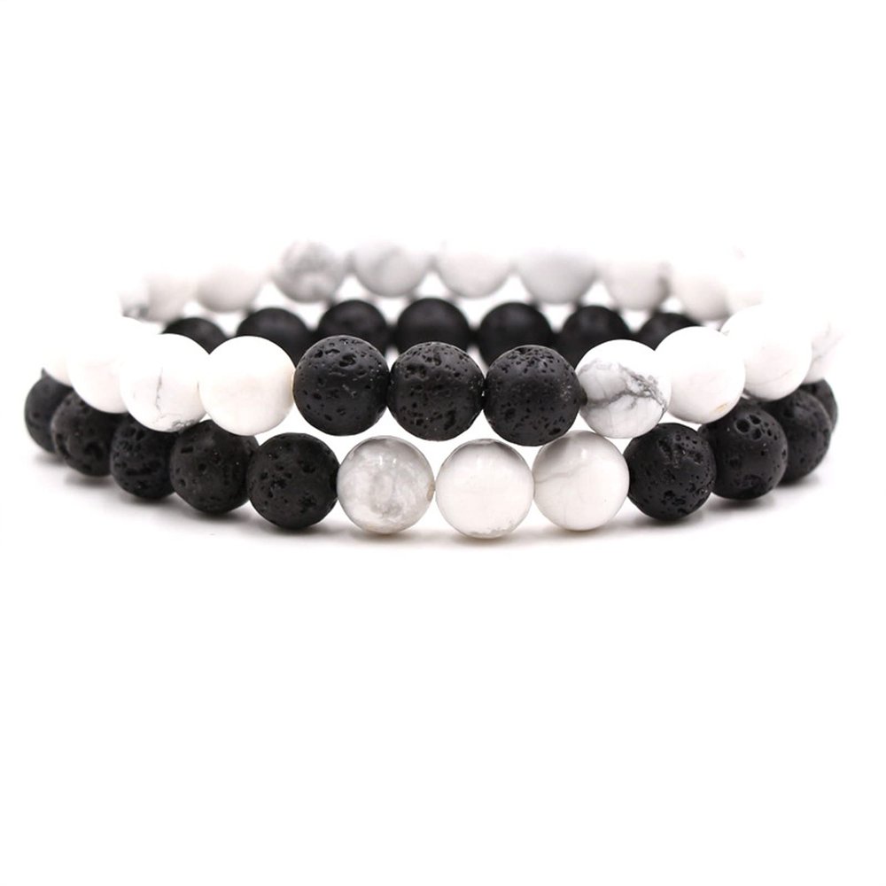 2Pcs Matte Lava Rock Volcanic Stone Beads Stretch Bracelet Stacking Essential Oil Diffuser Tiger Eye Seed Energy Yoga Bracelet for Men Women Couple Stress Relief Healing Aromatherapy Jewelry-C white