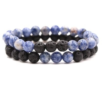 2Pcs Matte Lava Rock Volcanic Stone Beads Stretch Bracelet Stacking Essential Oil Diffuser Tiger Eye Seed Energy Yoga Bracelet for Men Women Couple Stress Relief Healing Aromatherapy Jewelry-D blue