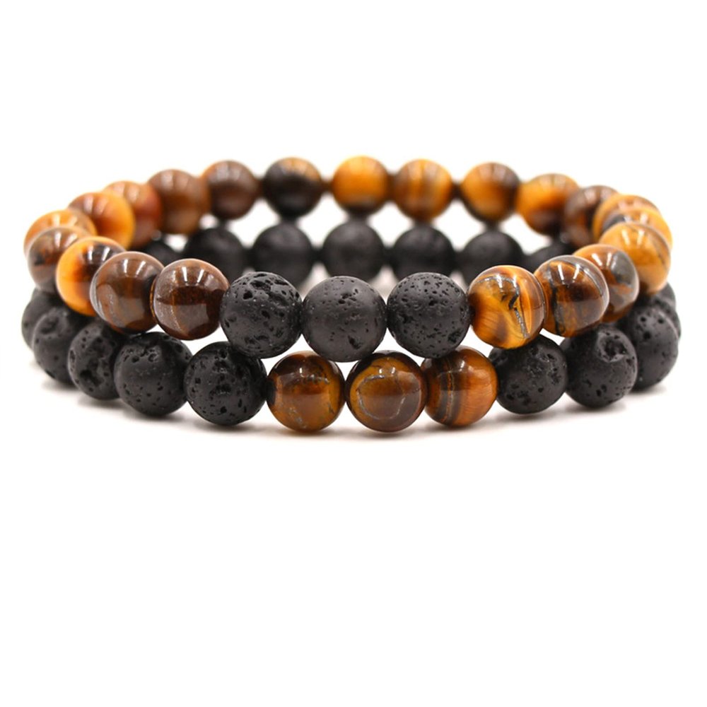 2Pcs Matte Lava Rock Volcanic Stone Beads Stretch Bracelet Stacking Essential Oil Diffuser Tiger Eye Seed Energy Yoga Bracelet for Men Women Couple Stress Relief Healing Aromatherapy Jewelry-B tiger