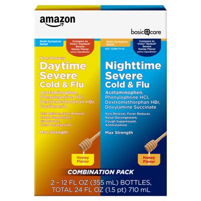 Amazon Basic Care Honey Flavor Daytime and Nighttime Severe Cold and Flu Relief, Liquid Medicine Combo Pack, 24 Ounces