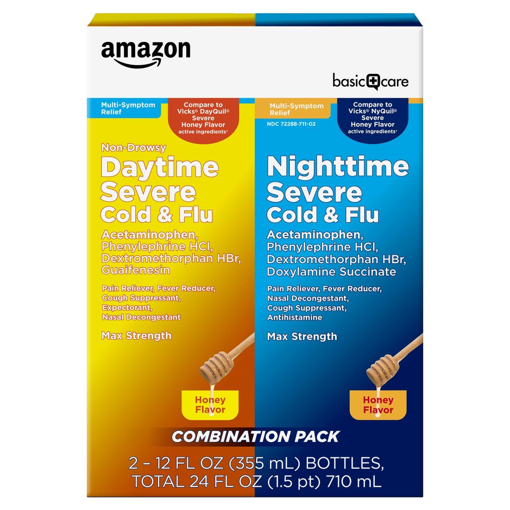 Amazon Basic Care Honey Flavor Daytime and Nighttime Severe Cold and Flu Relief, Liquid Medicine Combo Pack, 24 Ounces