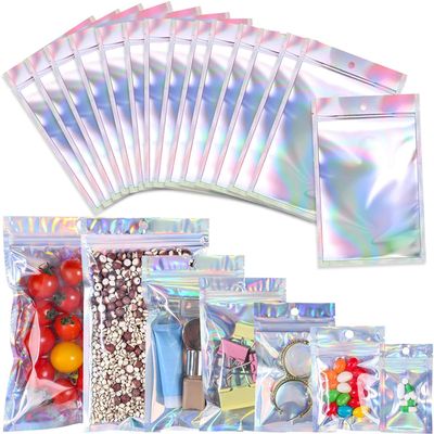 100 Pcs 6.3 x 9.4 Inch Resealable Mylar Bags Smell Proof Pouch Aluminum Foil Packaging Plastic Bag,Mylar Storage Bags For Candy,Jewelry,Screw,Holographic Rainbow Color