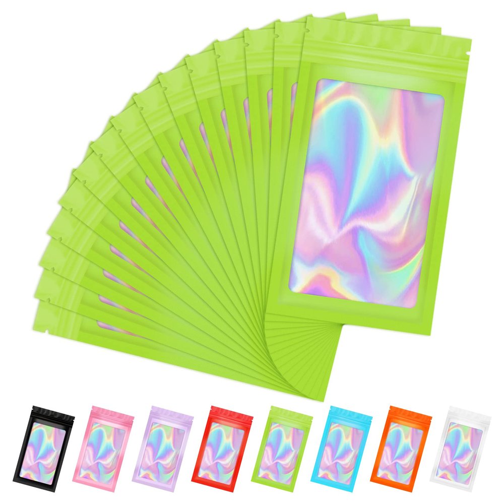 JTIEO 50Pcs Resealable Bags for Food Storage 4.7x7.9Inch Holographic Bags with Clear Window Foil Pouch Packaging Bag Self Sealing Bag for Party Favors, Lipgloss, Jewelry, Candy Green