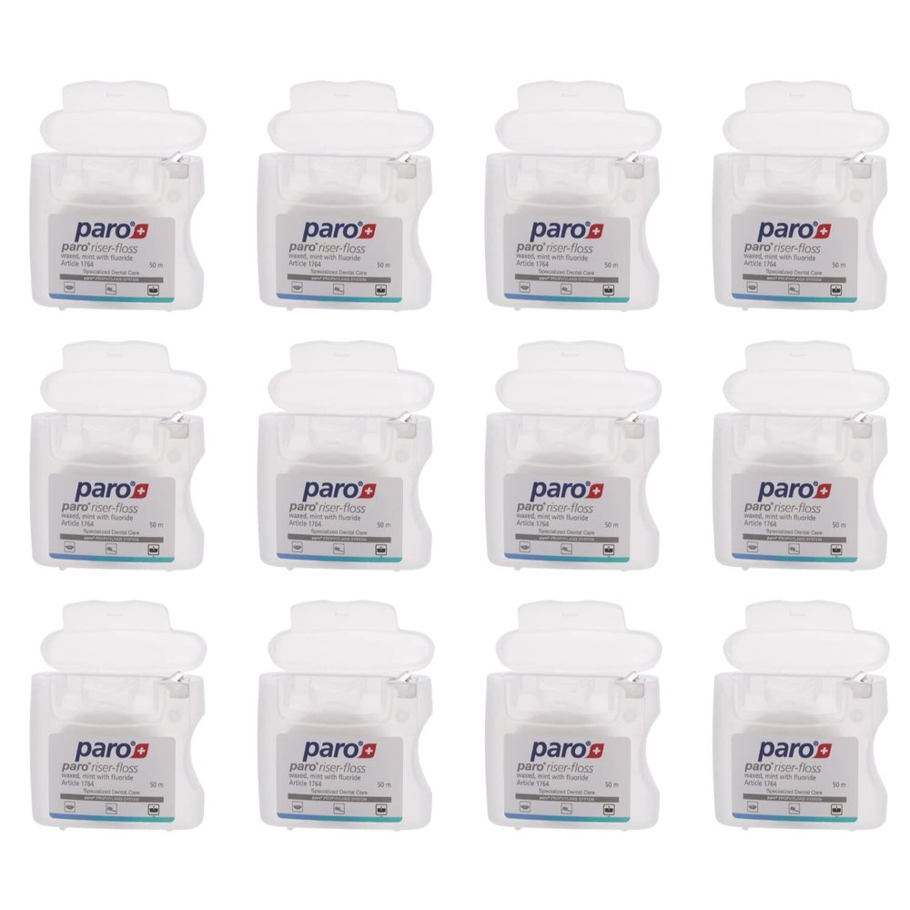 Paro Swiss Paro Riser Floss, Mint, Waxed, Fluoridated, 50 m - 12 Pack