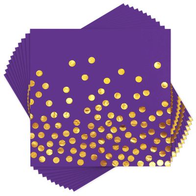 100PCS Purple Cocktail Napkins Gold Dot Paper Dinner Napkins Disposable for Birthday Anniversary Wedding Mardi Gras Party Supplies