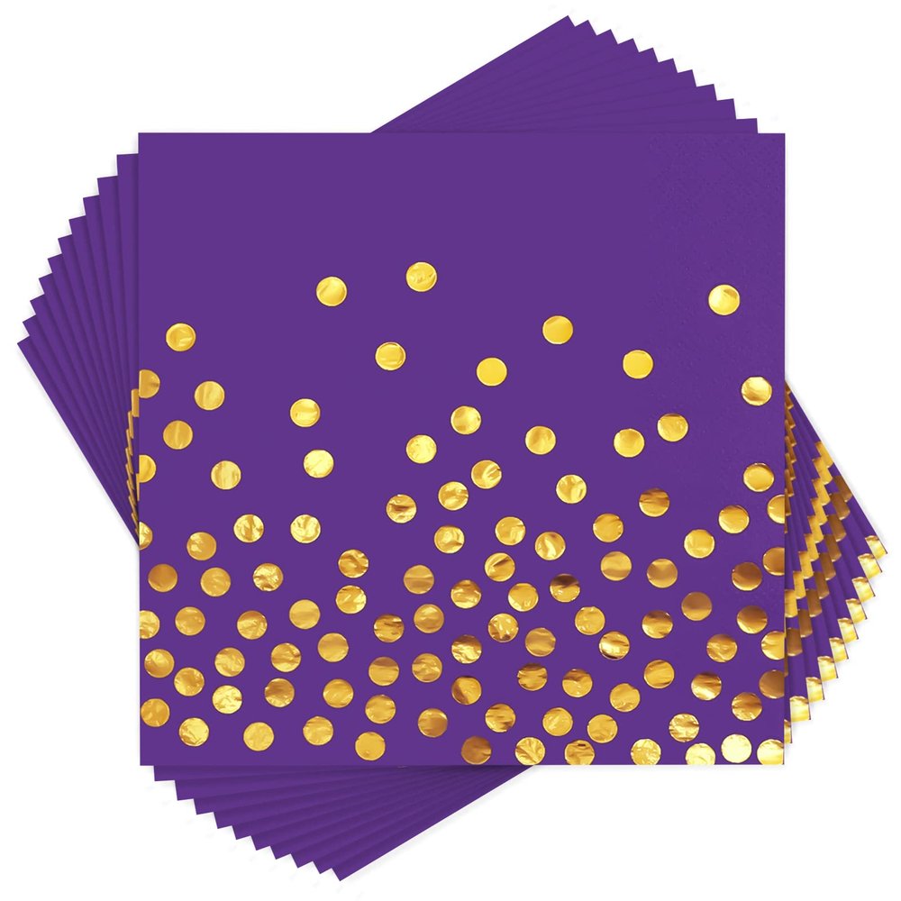 100PCS Purple Cocktail Napkins Gold Dot Paper Dinner Napkins Disposable for Birthday Anniversary Wedding Mardi Gras Party Supplies