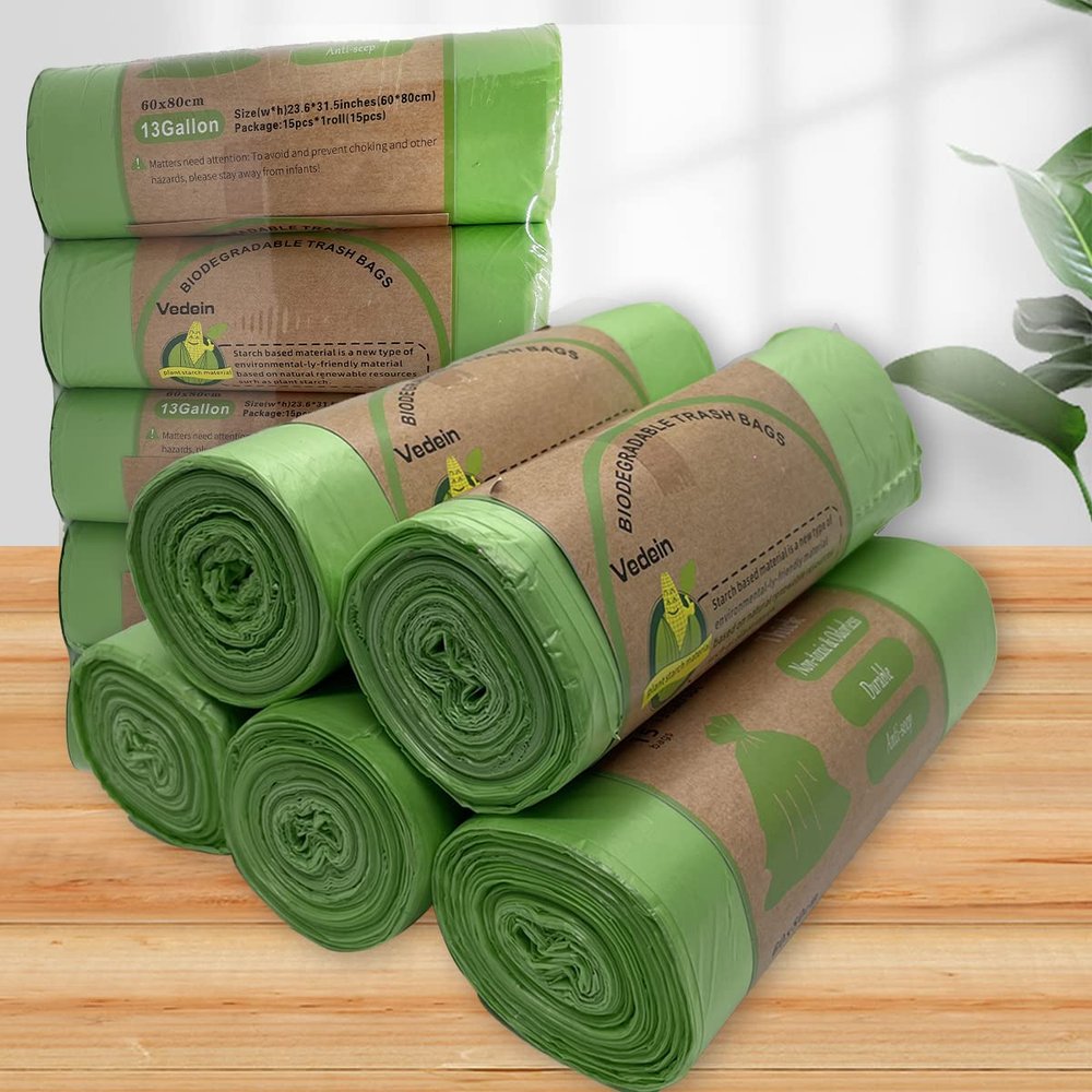 Compostable Trash Bags - Vedein 13 Gallon Tall Kitchen Garbage Bags 75 Count Unscented Trash Can Liners 50 Liter Medium Wastebasket Bags for Bathroom Home Bedroom Office Garbage Can (5Rolls/Green)