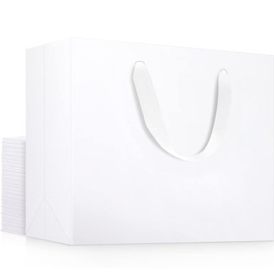 EUSOAR Exra Large Size Gift Wrap Bags, 25 Pack 16x6x12 inches White Paper Heavy Duty Bags with Handles, for Wedding, Grocery, Boutique, Retail, Business, Party Favors, Birthdays