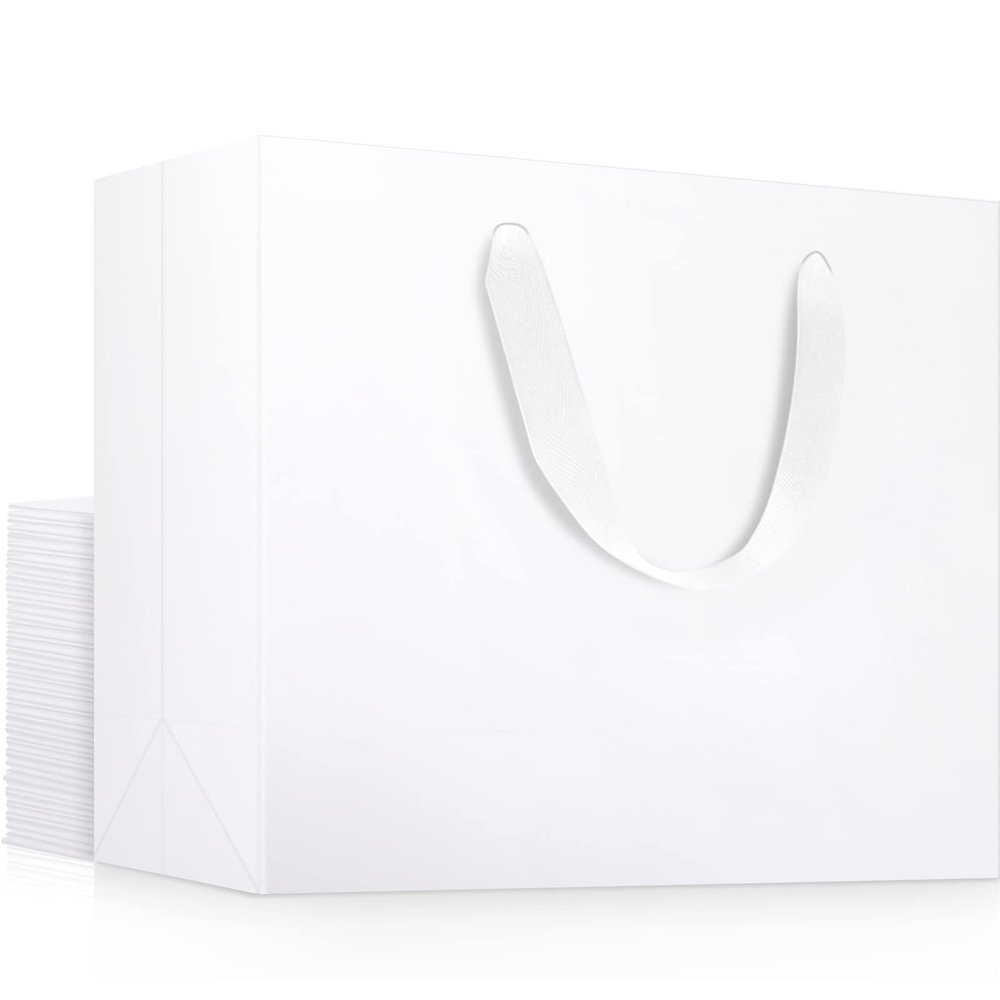 EUSOAR Exra Large Size Gift Wrap Bags, 25 Pack 16x6x12 inches White Paper Heavy Duty Bags with Handles, for Wedding, Grocery, Boutique, Retail, Business, Party Favors, Birthdays