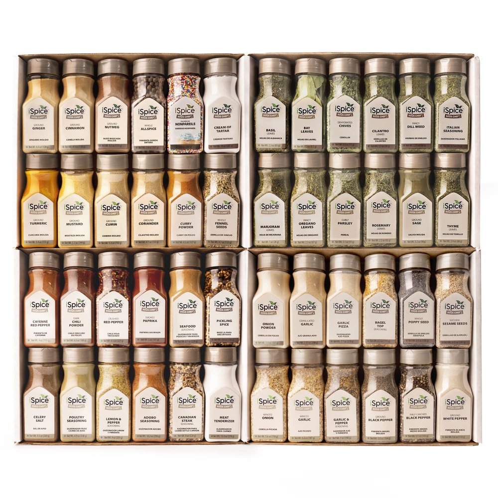 iSpice 48-Pack Starter Spice Set  Essential Herbs, Spices & Seasonings for Cooking  Kitchen Gift Set for Home Cooks  All-Natural, Kosher, Non-GMO (Total Kitchen)