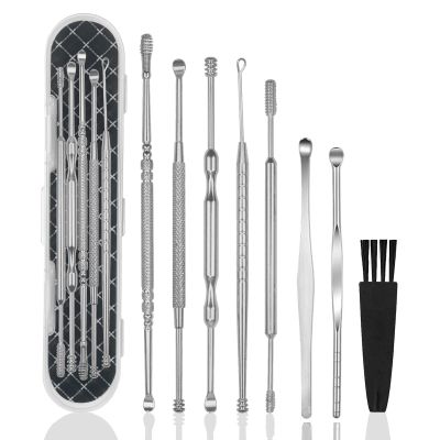 Hion 8 Pcs Ear Wax Removal Kit,Professional Double-Headed Ear Pick Earwax Removal Tools,316L Stainless Steel Ear Cleaner Curette with Cleaning Brush and Storage Box,Suit for Kid Adult(Silver)
