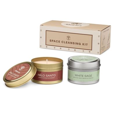 Almeara 2 in 1 Candle Combo - Sage and Palo Santo Set - 2x 3.7oz - Long Lasting |+40hr burn time |100% Soy Wax -Paraffin Free Candle For Cleansing House-Gift Box Ready-Relax and Restore The Body&Mind