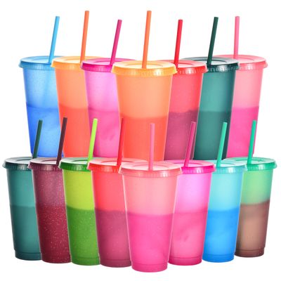 Suertestarry Color Changing Cups, Bulk Tumblers with Lids and Straws, 15 Pack of Reusable Plastic Cups, Kids & Adult Friendly, 24oz Smoothie Travel Cup (Rainbow, 15 Packs)