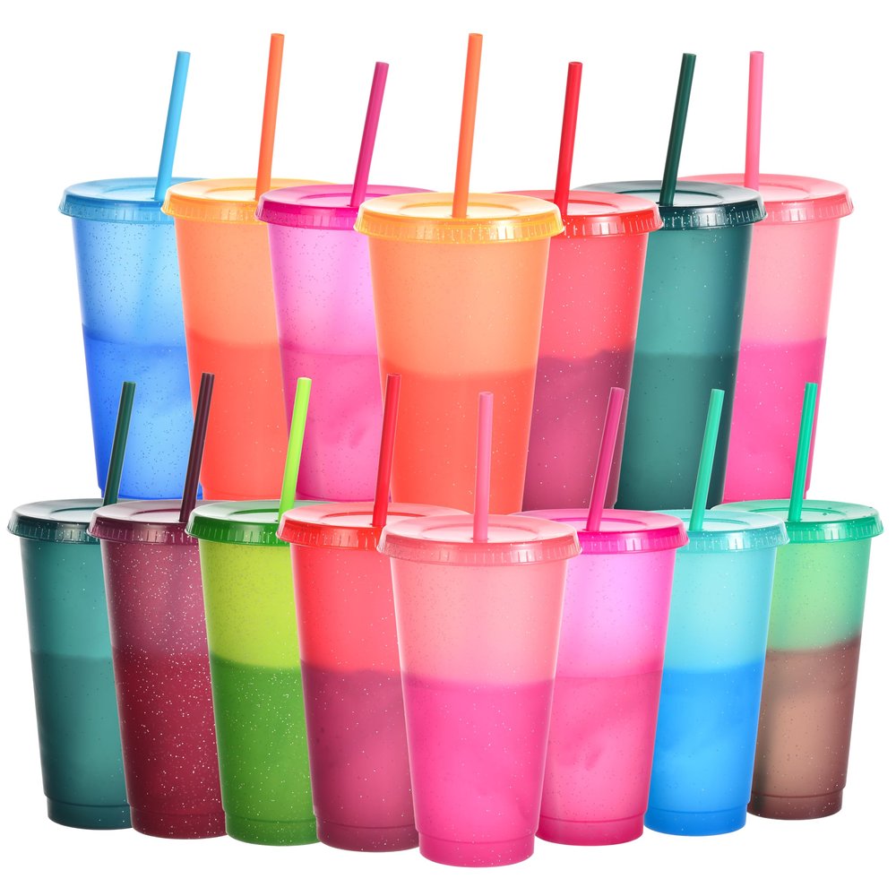 Suertestarry Color Changing Cups, Bulk Tumblers with Lids and Straws, 15 Pack of Reusable Plastic Cups, Kids & Adult Friendly, 24oz Smoothie Travel Cup (Rainbow, 15 Packs)
