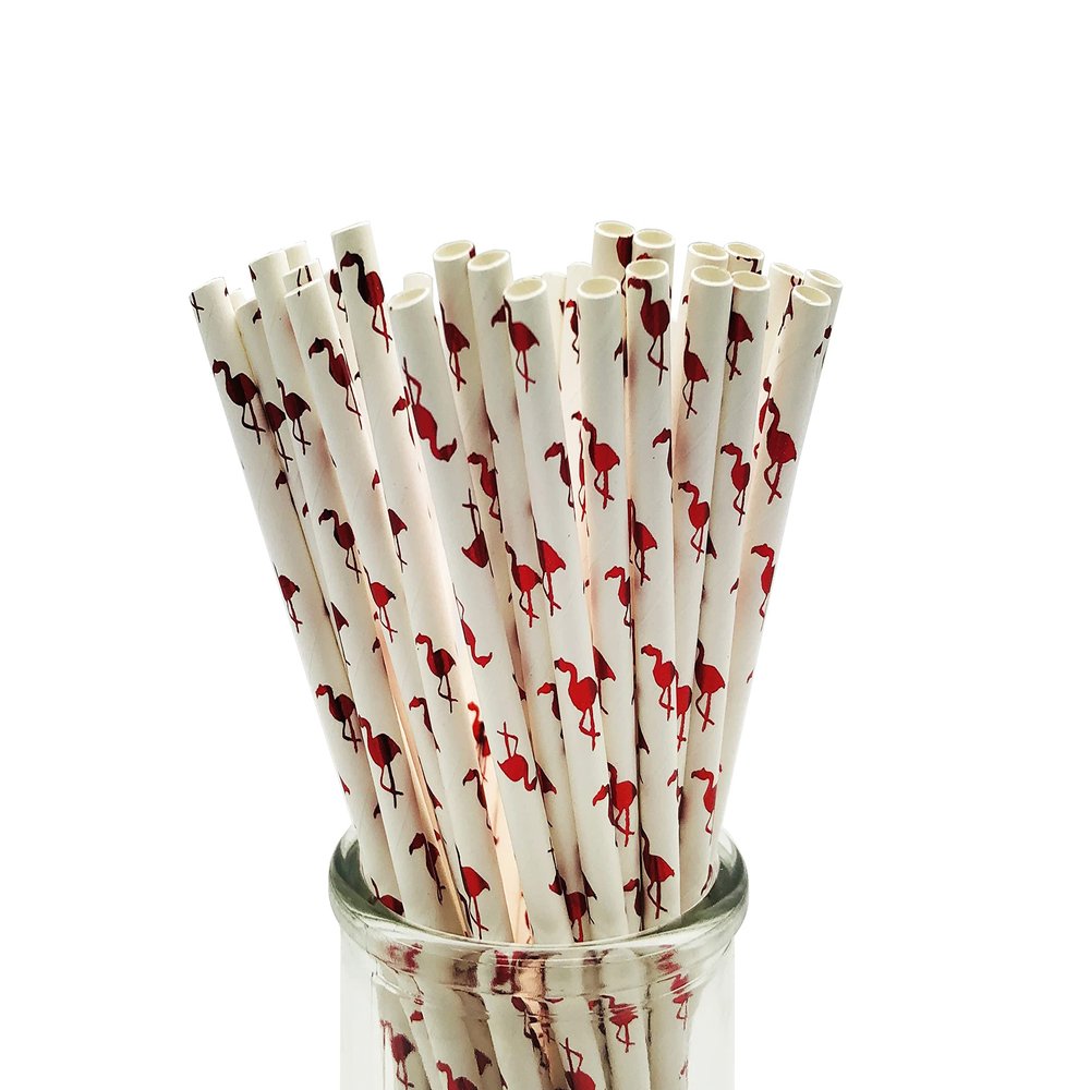 200 Pcs Disposable Straws, Party Straws, Biodegradable Paper Straws for Juices, Shakes, Smoothies, Birthday Party Baby Shower Supplies (Flamingo White)