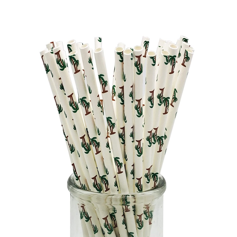 200 Pcs Disposable Straws, Party Straws, Biodegradable Paper Straws for Juices, Shakes, Smoothies, Birthday Party Baby Shower Supplies (Coconut Tree)