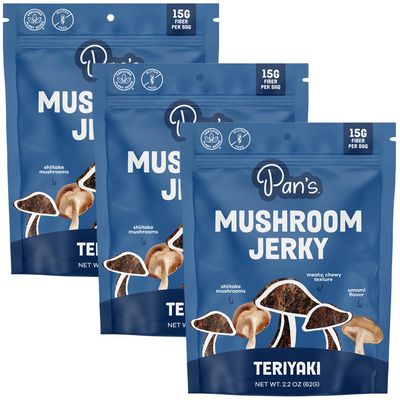 Pan's Mushroom Jerky, Vegan Snacks, Dried Mushrooms Shiitake, Plant based Jerky, Meatless Jerky, Gluten Free, High in Fiber, with Teriyaki flavor (2.2 Ounce, Pack of 3)