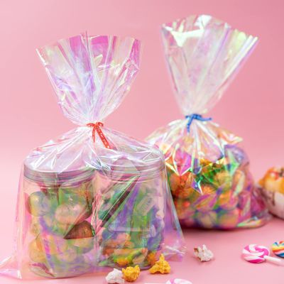Ctoiotc Valentine Cellophane Treat Bags, Iridescent Holographic Candy Goodie Bags with 5 Colors Pieces Twist Ties for Birthday Party Favors, Easter, Weddings, Christmas, Valentines