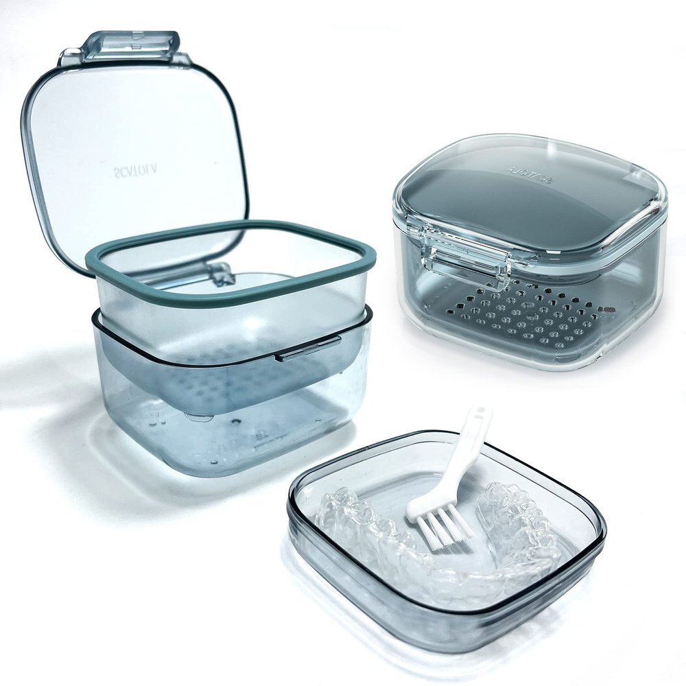 Denture Bath Box , Denture Case,Retainer cup,Three-Layer Separation Retainer Case, Denture Cup , Mouth Guards Holder,Partial Denture Soak Container,Retainer Holder Box Size :3.15*2.08*3.35in(blue)