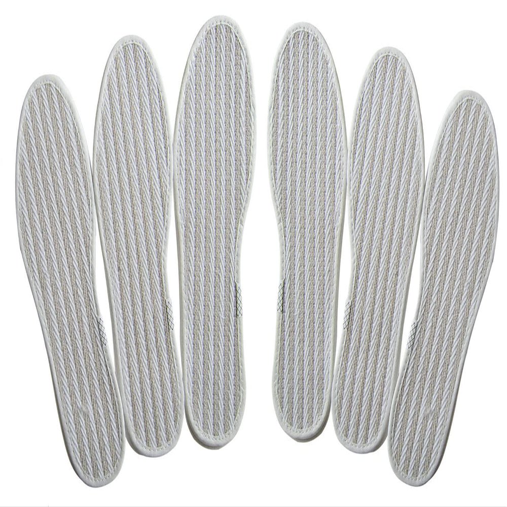 Bellcon 5 Pack Thin Shoe Insoles for Men and Women Linen Cotton Fabric Insole Odor Eaters Breathable Inserts High Heels Nonslip Pads Sandals, Pairs/Women 9/Men 7 M US, White With Brown Strips