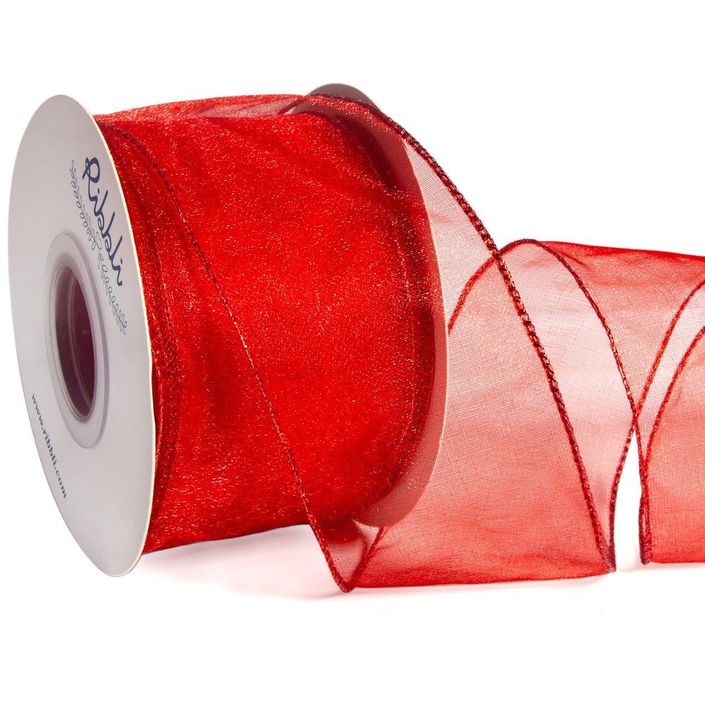 Ribbli Red Organza Wired Ribbon, Red Sheer with Metallic Edge,2-1/2 Inch x 20 Yards Christmas Tree Ribbon for Decoration Large Gift Wrapping,Wedding Decoration