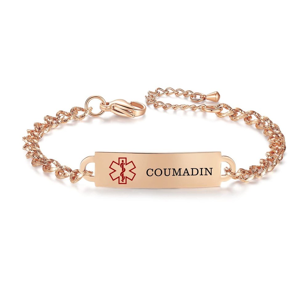 AOAMID Medical Alert Bracelet for Women Adjustable Personalized Free Engrave Coumadin Stainless Steel Medical ID Bracelets 6.5-8 Inch(Rose Gold)