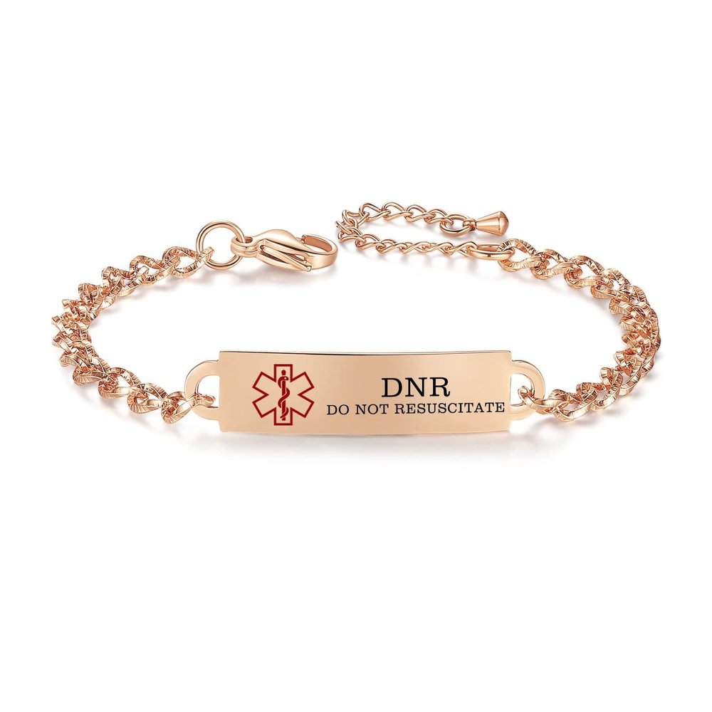 AOAMID Medical Alert Bracelet for Women Adjustable Personalized Free Engrave DNR Do Not Resuscitate Stainless Steel Medical ID Bracelets 6.5-8 Inch(Rose Gold)