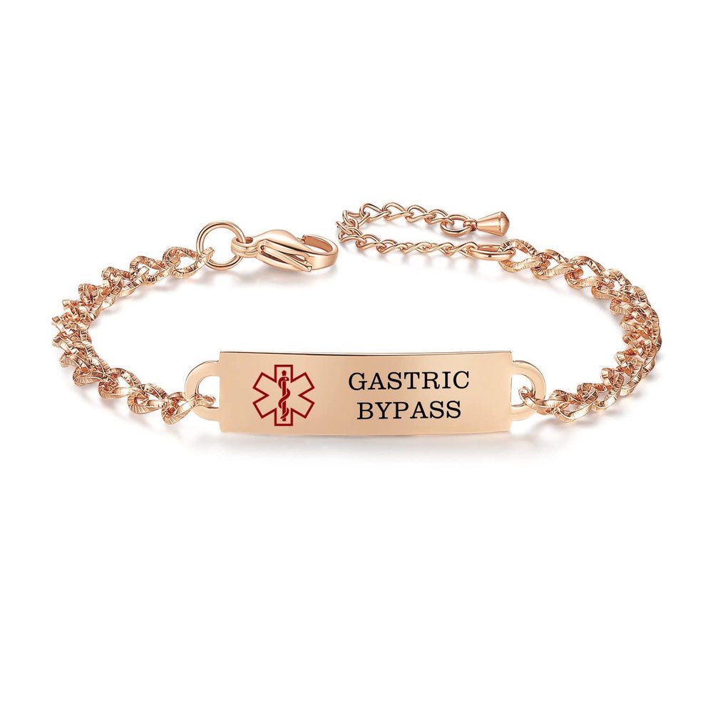 AOAMID Medical Alert Bracelet for Women Adjustable Personalized Free Engrave Gastric Bypass Stainless Steel Medical ID Bracelets 6.5-8 Inch(Rose Gold)