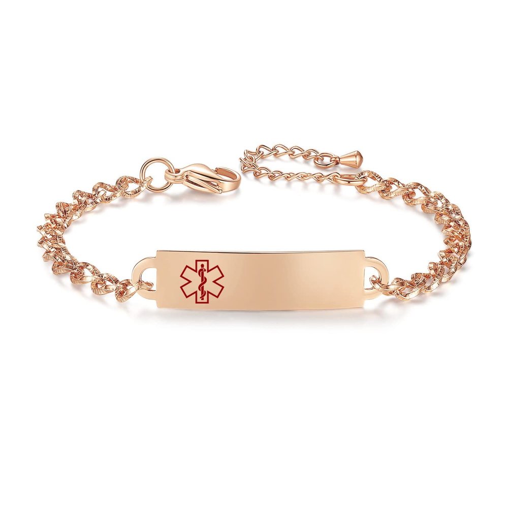 AOAMID Medical Alert Bracelet for Women Adjustable Personalized Free Engrave Stainless Steel Medical ID Bracelets 6.5-8 Inch(Rose Gold)