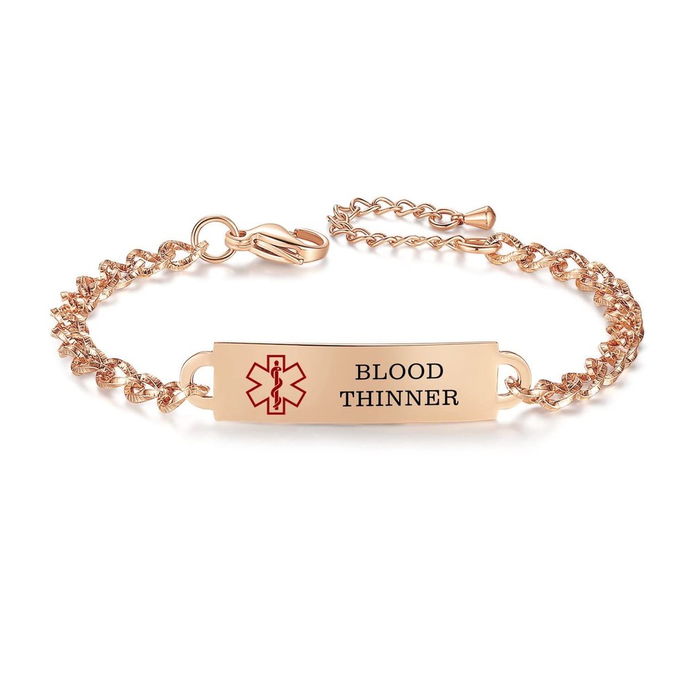 AOAMID Medical Alert Bracelet for Women Adjustable Personalized Free Engrave Blood thinner Stainless Steel Medical ID Bracelets 6.5-8 Inch(Rose Gold)