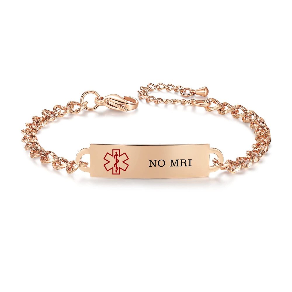 AOAMID Medical Alert Bracelet for Women Adjustable Personalized Free Engrave NO MRI Stainless Steel Medical ID Bracelets 6.5-8 Inch(Rose Gold)