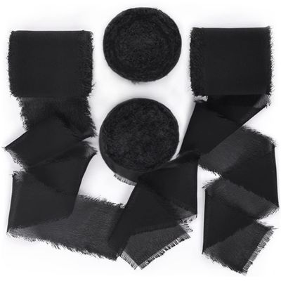Socomi Black Handmade Fringe Chiffon Silk Ribbon 1-3/4" x 7Yd 4 Rolls Frayed Ribbons for Wedding Invitations Bridal Bouquets Wrapping